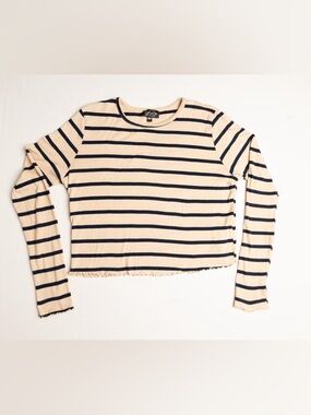 Topshop Striped Long Sleeve Crop Top Womens US 12 Cream Navy Lettuce Hem Tee